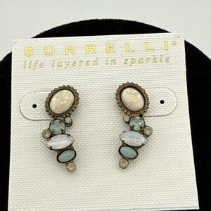 Sorrelli Huggie Pierced Earrings Ivory, Blue, Opalized Chrystals New Signed